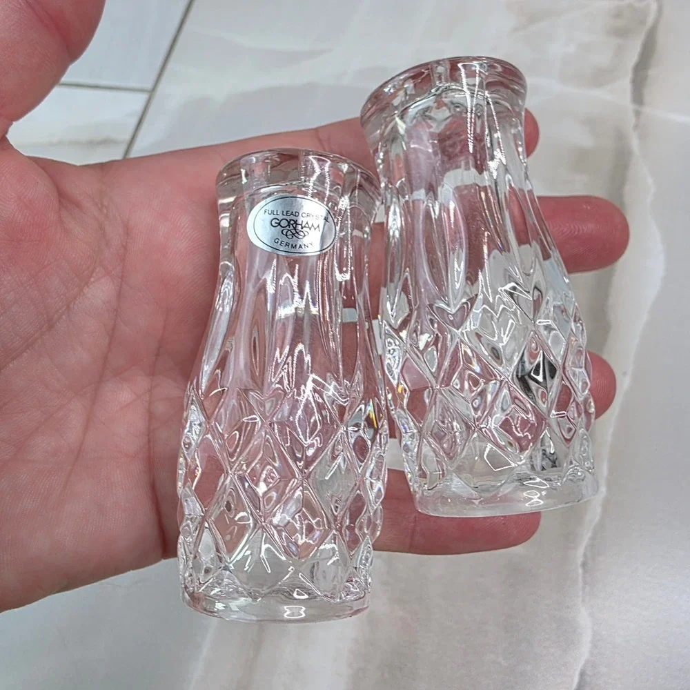 Gorham Full Lead Crystal Salt and Pepper Shakers Diamond Cut Germany 3‎ Inch S3
